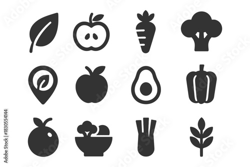 Silhouette icons of fruits and vegetables: apple, carrot, broccoli, avocado, bell pepper.