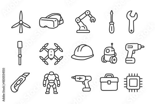 Technology and engineering icon set: robotics, vr, and tools.