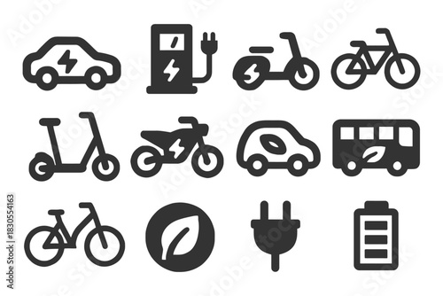 Electric vehicles and eco-friendly transport icons: cars, bikes, scooters, charging, battery.