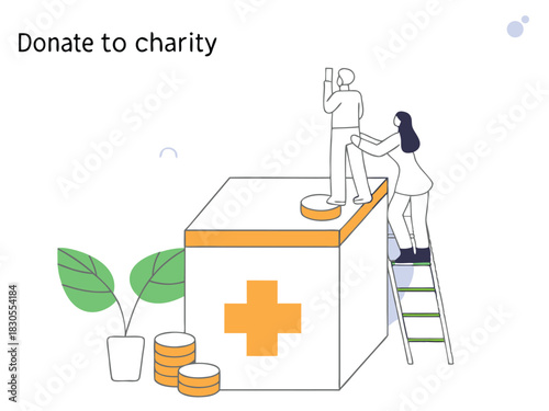 Charity donation illustration with people giving financial help on transparent background