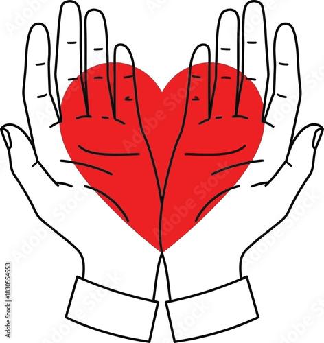 Vector illustration of open hands carefully holding a red heart, a universal symbol for love, compassion, charity, donation, and healthcare