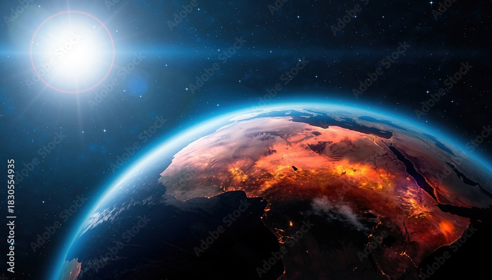 Fototapeta premium Earth From Space With Sun And Clouds Illuminated.