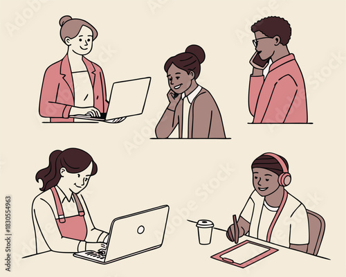 Diverse professionals engaging in various activities shown in a simple minimalist line art style