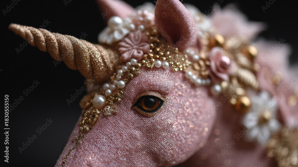 Obraz premium A pink glittery unicorn decorated with gold and white details, creating a dreamy, magical minimalist composition.