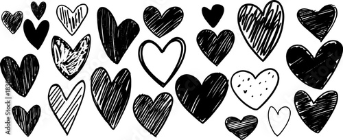 Hand drawn black doodle heart sketch collection isolated on white background.