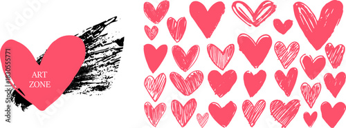 Hand drawn red doodle heart sketch collection isolated on white background, modern vector icons for love, scrapbooking, print and web design.