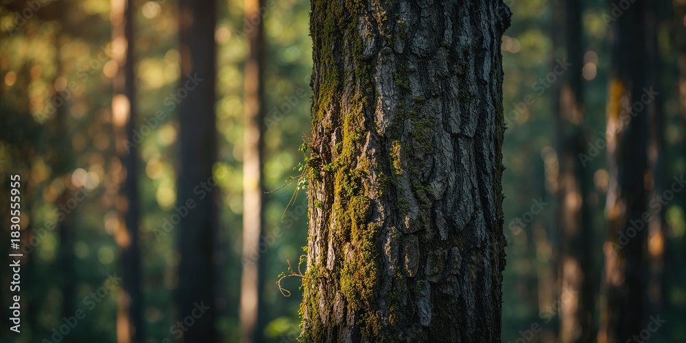 Obraz premium Pine tree bark with moss in a forest setting, emphasizing seasonal greenery