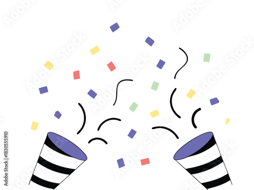 Festive illustration of party poppers with colorful confetti bursting outward on white background