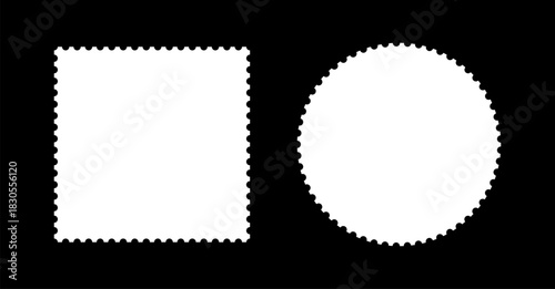 Backdrops for postcards, letters, empty borders. Postage stamp template frames. Circle or oval and rectangular blank vintage stamps. Coupons, label, tags, boxes with wavy, wiggly perforated edges.