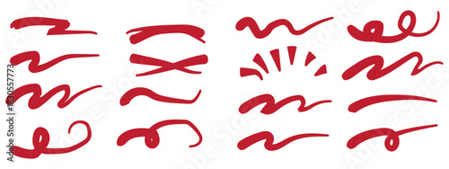 Line marker red underline set. Hand drawn red pen and brush stroke with underline accent, swoosh detail and squiggly sketch mark. vector set