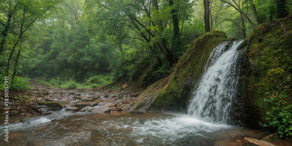 Fototapeta premium Waterfall cascading over a small water stream during monsoon season in a hill station, emphasizing erosion risk, Maharashtra monsoon
