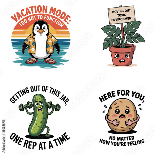 Cartoon penguin on vacation and funny anthropomorphic plant and pickle mode function