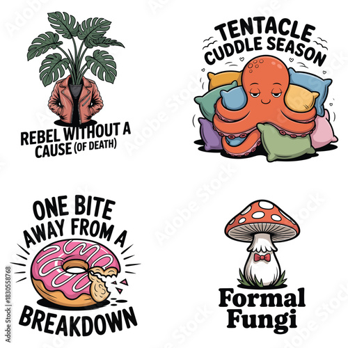 Cartoon plant head octopus donut mushroom with funny sayings Keywords: plant head, jacket, rebel