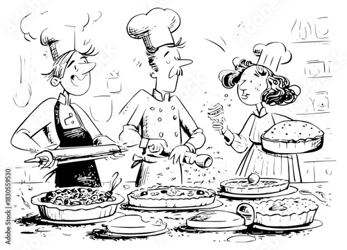Cartoon bakery team cooking pies illustration