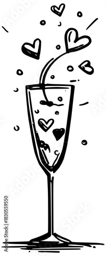 Romantic champagne glass with hearts line art