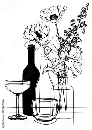 Wine and flowers line still life