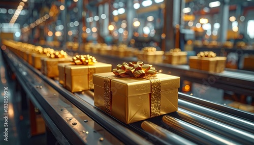 Golden gifts on factory conveyor belt.