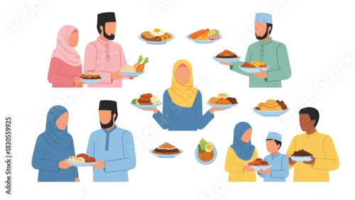 Muslim people in traditional clothing holding plates of food, celebrating eid al fitr.