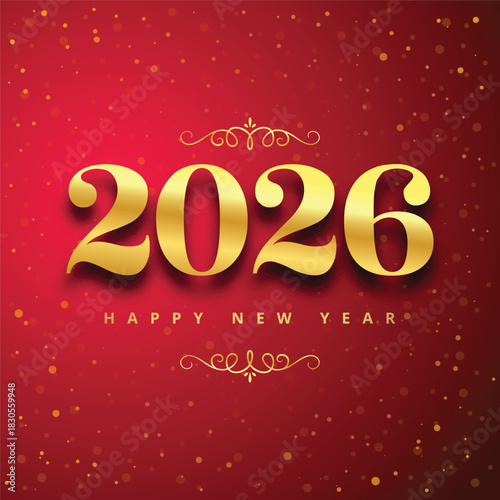 Elegant golden 2026 happy new year celebration with festive sparkles and confetti on a vibrant red background