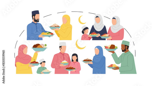 Muslim families share food during ramadan celebration. Generosity and togetherness concept.