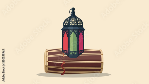 Eid al fitr mubarak with lantern and drum, perfect for festive celebrations. Vector illustration.