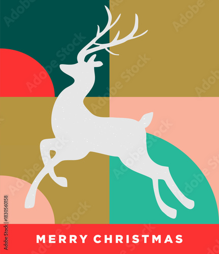 Modern Christmas card design featuring a white reindeer silhouette on a colorful geometric background with "MERRY CHRISTMAS" text.