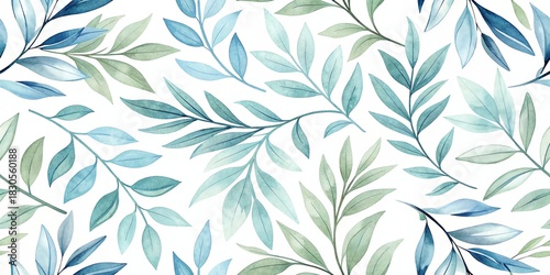 Elegant watercolor blue and green leaves seamless pattern design