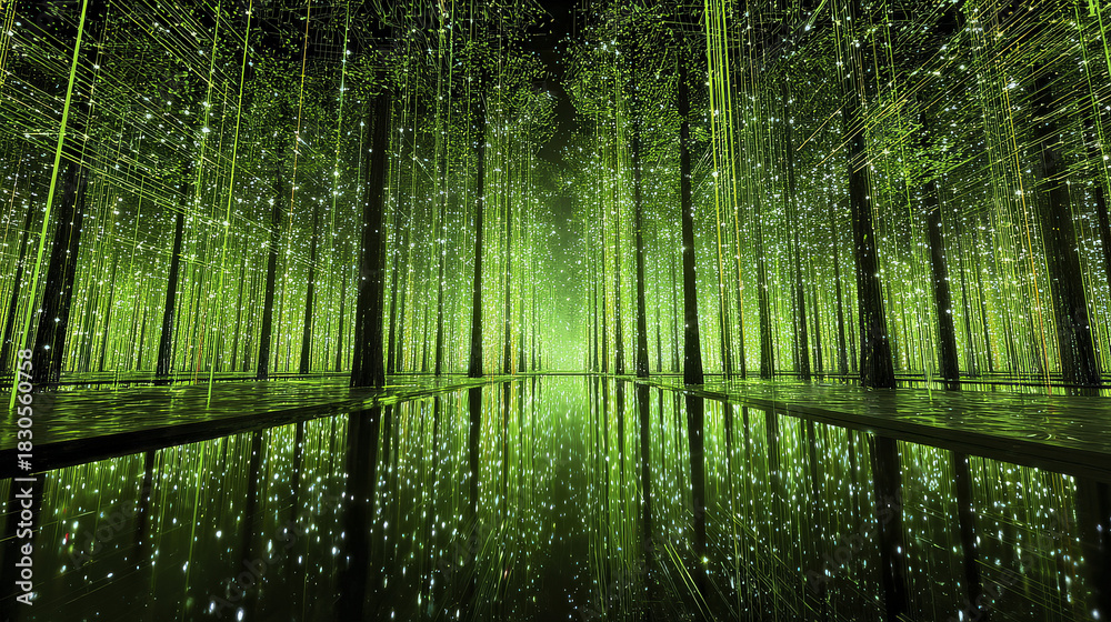 Obraz premium Synthetic Forest: Luminous Green Data Streams Fall into Reflective Waters