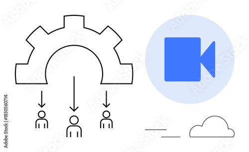 Gear distributing tasks to team, video communication, cloud connection. Ideal for teamwork, management, remote work, technology, efficiency innovation process optimization. Simple flat metaphor
