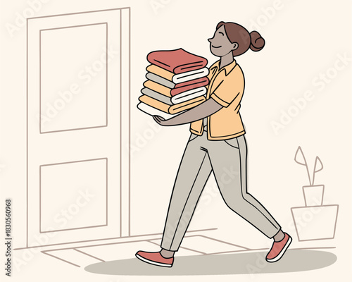 Illustration of a smiling woman carrying a stack of folded laundry on white background