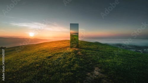 Tall reflective monolith standing on a grassy hill at sunset mirroring sky colors and clouds while suggesting science fiction portal surreal dreams and visionary futures