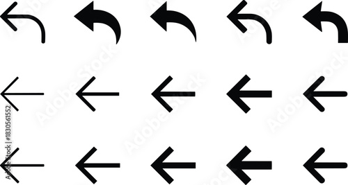 “Collection of bold left arrow icons featuring curved and straight designs for navigation, direction indicators, user interface symbols and graphic elements”