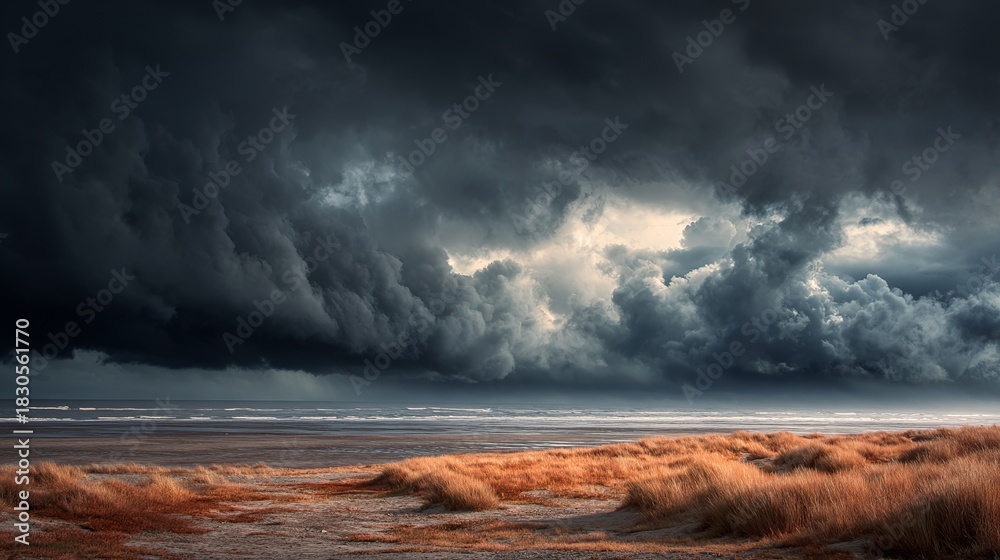 Fototapeta premium Dramatic storm clouds over tranquil beach landscape create a sense of awe and wonder, perfect for travel, weather, and nature themes