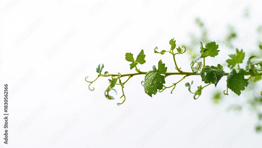 Naklejka premium Green vine plant with raindrops on white background, suitable for botanical or seasonal design purposes