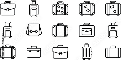 “Collection of diverse travel luggage, suitcases, briefcases, backpacks, and bag outline icons designed as clean minimalist vector graphics for modern projects”