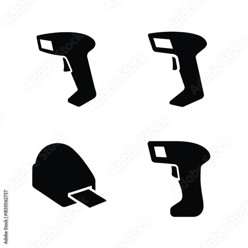 Four black icons featuring three barcode scanners and a tape dispenser technology