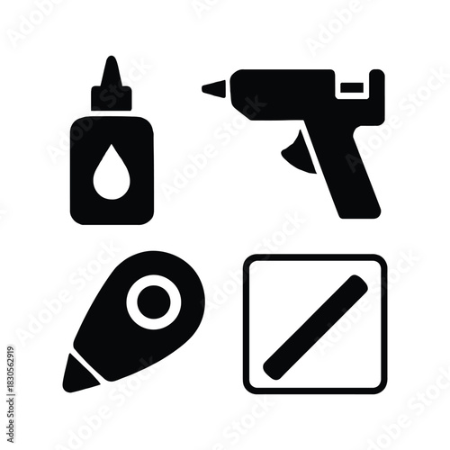 Four Black Icons Of Crafting And Stationery Supplies On White Keywords: glue bottle, drop, hot glue gun, glue stick