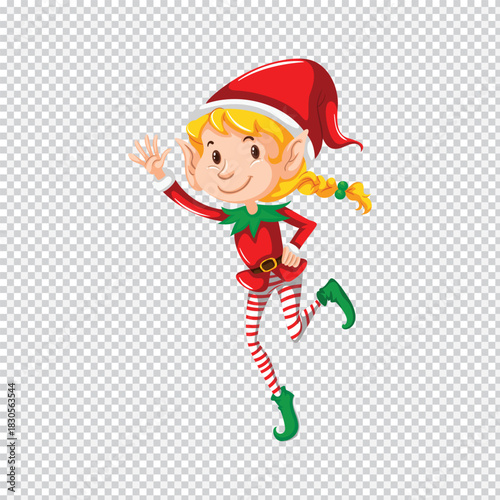 Joyful cartoon blonde elf girl in festive red and green christmas attire with striped stockings and pointed shoes
