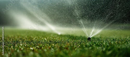 Green Grass Sprinklers Spraying Water in Field for Agriculture Irrigation