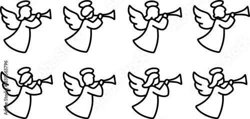 Christmas angels icons set. Flying angel with trumpet, holiday outline illustrations