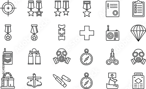 “Military survival and tactical equipment icon set featuring medals, tools, navigation symbols, communication devices, medical elements, and protective gear in clean vector style”