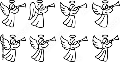 Christmas angels icons set. Flying angel with trumpet, holiday outline illustrations