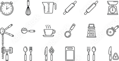 “Cooking and kitchen utensil vector icon set featuring essential tools, cookware, measuring items, food preparation equipment and culinary symbols”