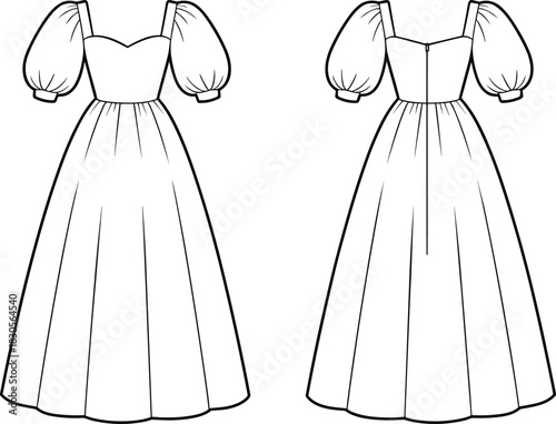 Elegant puff sleeve maxi dress sketch, sweetheart neckline, long flowing silhouette, back zip detail, minimalist fashion illustration, clothing outline 