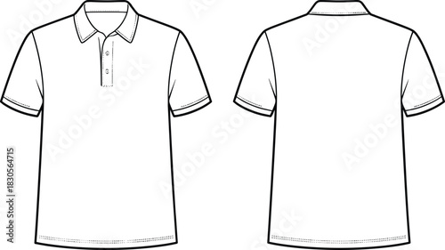 Minimalist polo T-shirt sketch, short sleeve buttoned collar outline, front and back view fashion illustration, apparel design template for clothing mockup, casual shirt line art drawing