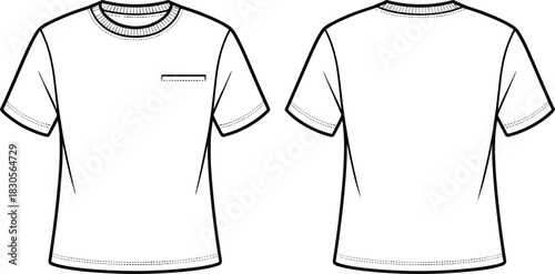 Minimalist T-shirt sketch, round neck collar, front and back view, chest pocket seam detail, short sleeve apparel outline, blank fashion template, clothing mockup design for designers