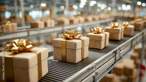A production line with gift boxes decorated with gold ribbons and bows. The boxes move along the conveyor. Gifts, packaging, holidays, logistics, and business.
