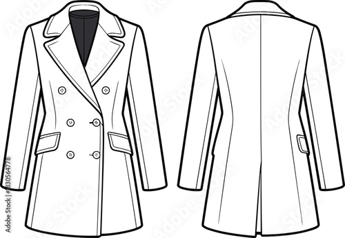 Modern double-breasted coat sketch, women blazer style jacket illustration, long sleeve formal outerwear outline, front and back design template for fashion designers apparel