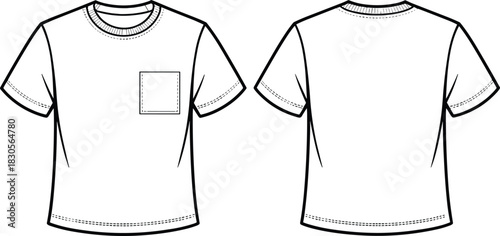 Round neck T-shirt sketch, short sleeves, front and back view, square chest pocket outline, casual apparel line art template, fashion designers mockup