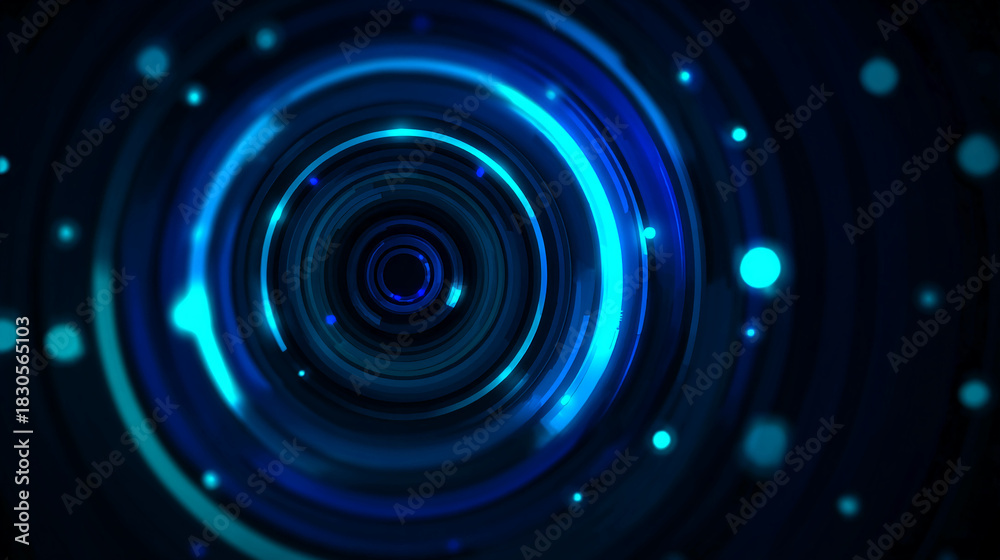 Obraz premium Concentric circles and glowing blue elements on a dark background.